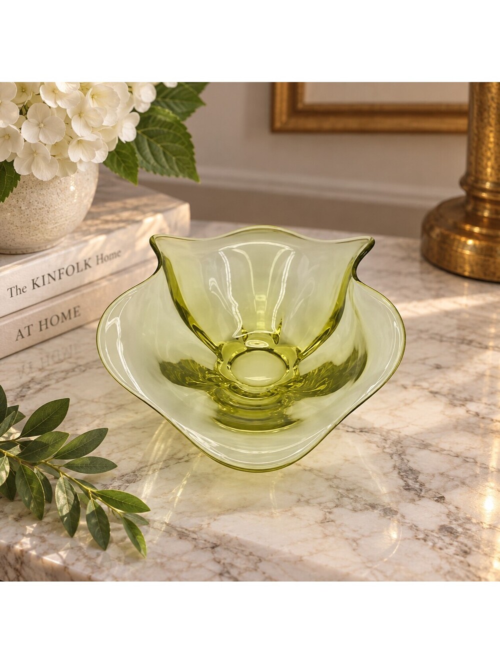 Vintage Tiffin Citron Green Art Glass Crimped Bowl 8" MCM Footed Glass